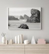 Black and white beach art print featuring sea stacks at Meyers Creek Beach, Oregon. Monochrome coastal photography for modern and coastal décor.