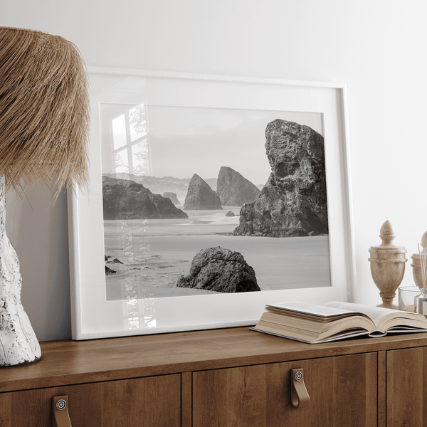 Black and white beach art print featuring sea stacks at Meyers Creek Beach, Oregon. Monochrome coastal photography for modern and coastal décor.