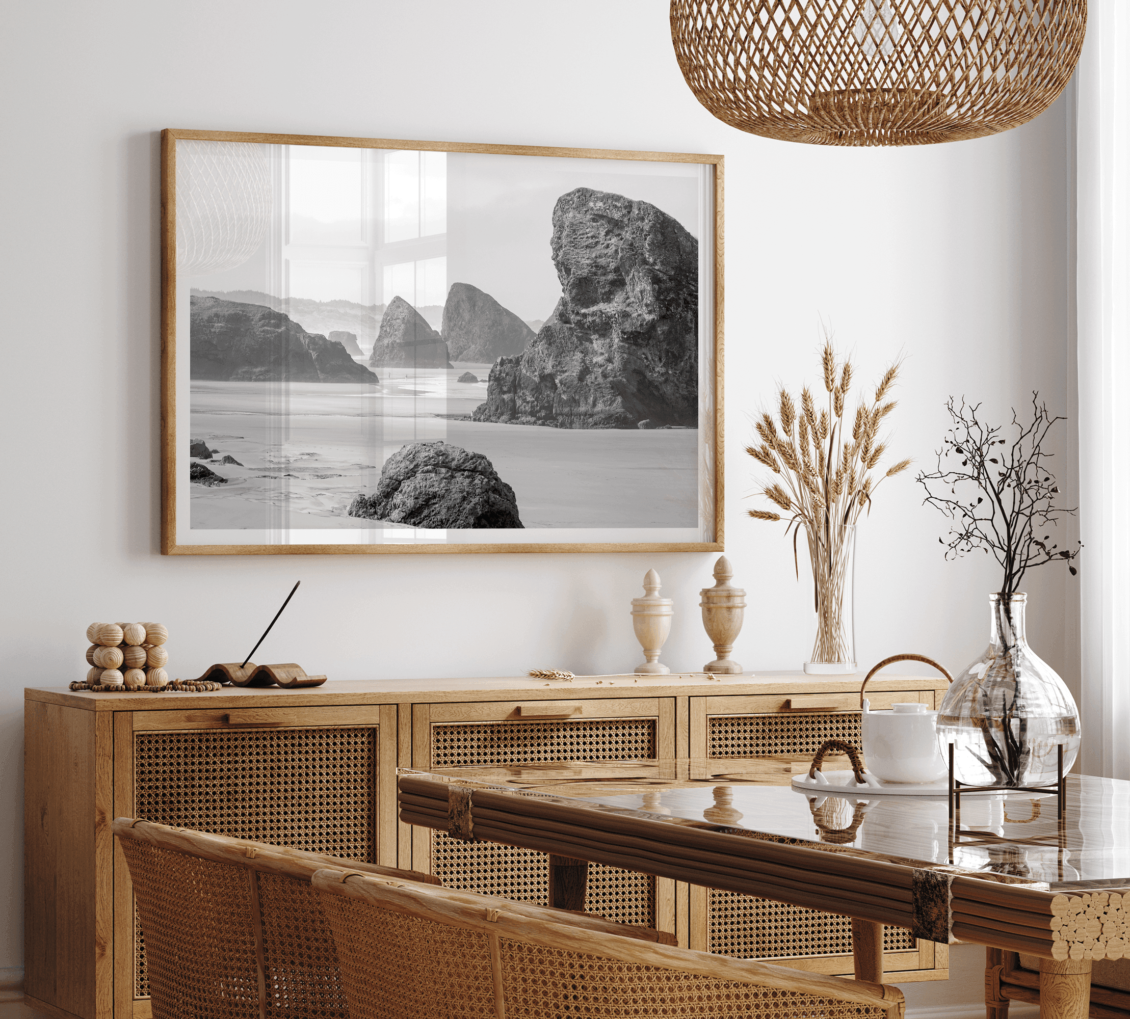 Black and white beach art print featuring sea stacks at Meyers Creek Beach, Oregon. Monochrome coastal photography for modern and coastal décor.