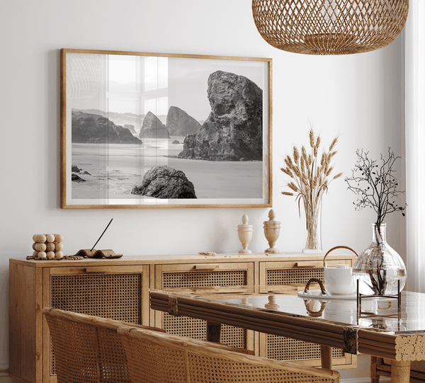 Black and white beach art print featuring sea stacks at Meyers Creek Beach, Oregon. Monochrome coastal photography for modern and coastal décor.