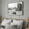 Black and white beach art print featuring sea stacks at Meyers Creek Beach, Oregon. Monochrome coastal photography for modern and coastal décor.