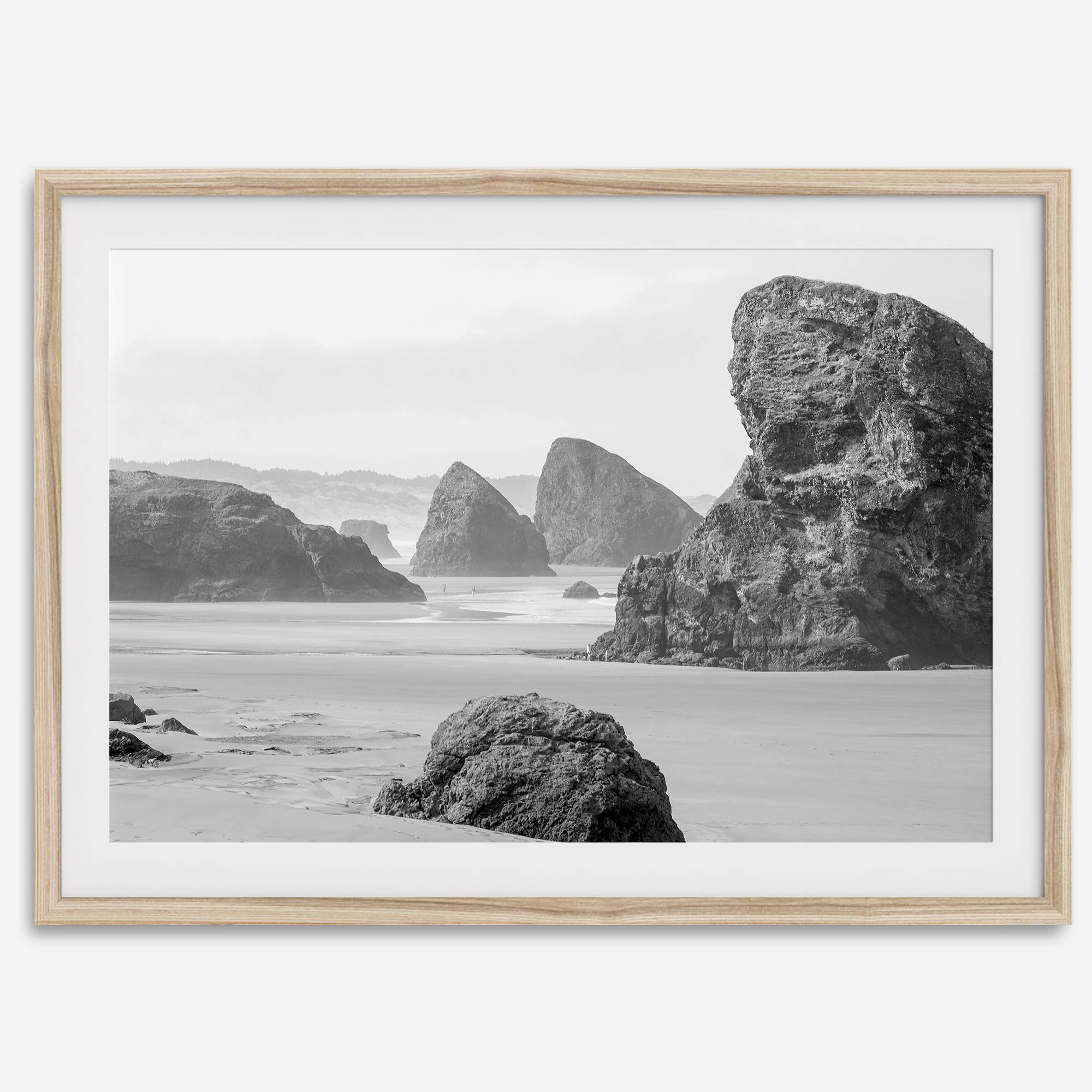 Black and white beach art print featuring sea stacks at Meyers Creek Beach, Oregon. Monochrome coastal photography for modern and coastal décor.