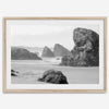Black and white beach art print featuring sea stacks at Meyers Creek Beach, Oregon. Monochrome coastal photography for modern and coastal décor.