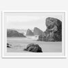 Black and white beach art print featuring sea stacks at Meyers Creek Beach, Oregon. Monochrome coastal photography for modern and coastal décor.