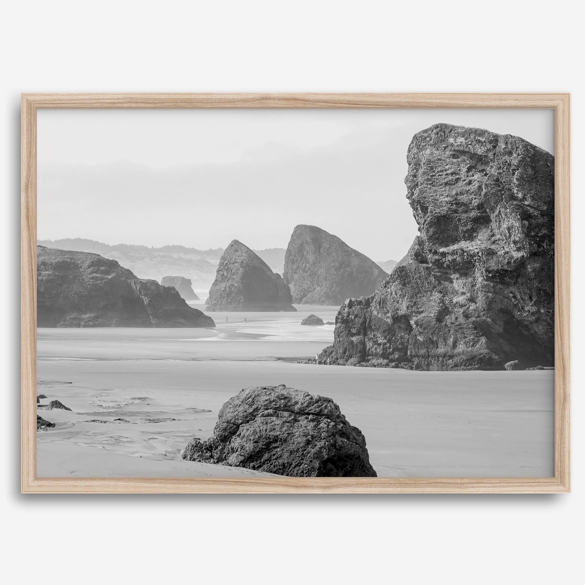 Black and white beach art print featuring sea stacks at Meyers Creek Beach, Oregon. Monochrome coastal photography for modern and coastal décor.