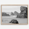Black and white beach art print featuring sea stacks at Meyers Creek Beach, Oregon. Monochrome coastal photography for modern and coastal décor.
