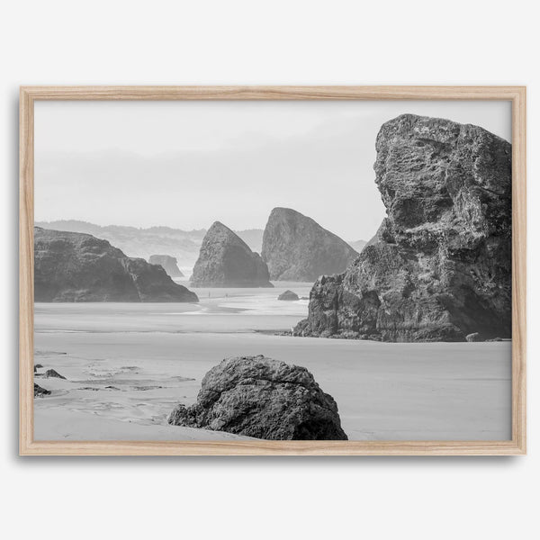 Black and white beach art print featuring sea stacks at Meyers Creek Beach, Oregon. Monochrome coastal photography for modern and coastal décor.