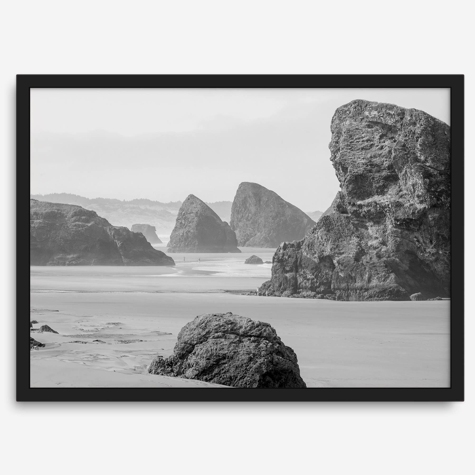 Black and white beach art print featuring sea stacks at Meyers Creek Beach, Oregon. Monochrome coastal photography for modern and coastal décor.