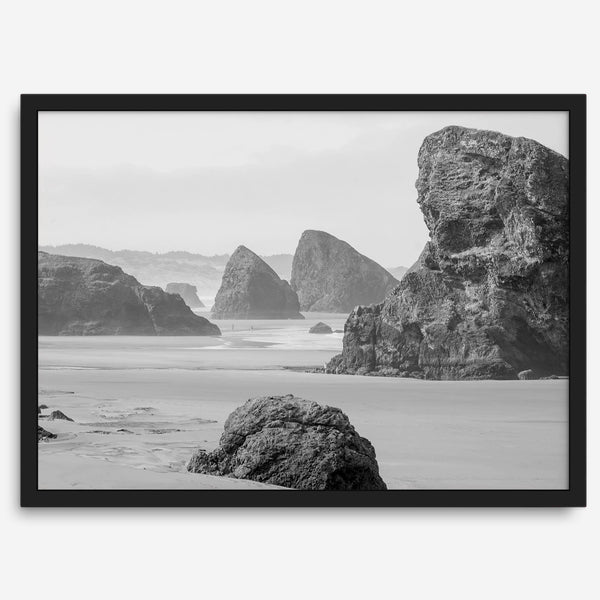 Black and white beach art print featuring sea stacks at Meyers Creek Beach, Oregon. Monochrome coastal photography for modern and coastal décor.