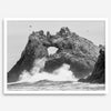A fine art dramatic moody beach print featuring the stunning Farallon Islands near San Francisco with waves crashing against the rocks and hundreds of birds flying around.