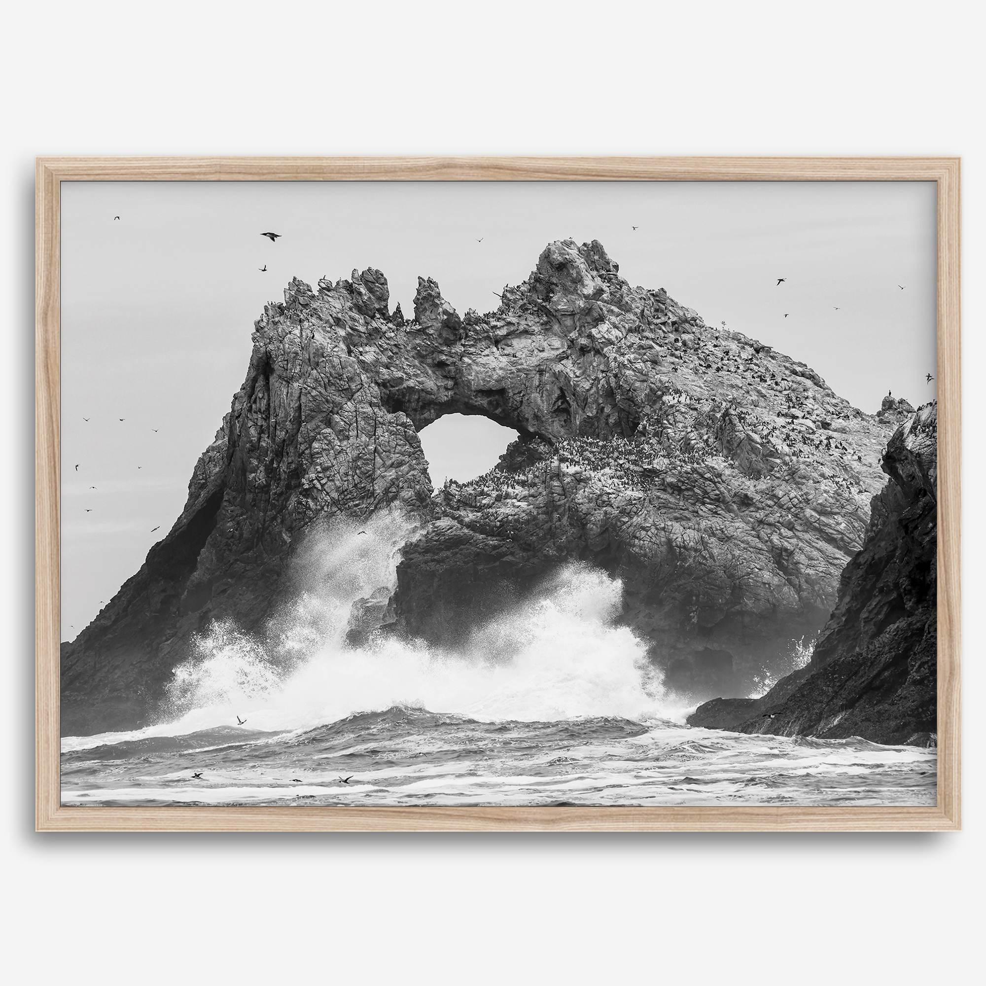 A fine art dramatic moody beach print featuring the stunning Farallon Islands near San Francisco with waves crashing against the rocks and hundreds of birds flying around.