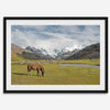 This stunning piece of mountain Horse wall art was taken in Peru and showcases beautiful snow-covered mountains and grassy meadows in Peru and a charming horse grazing relaxingly in the forefront of the picture.