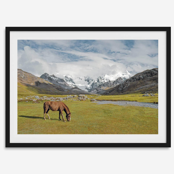 This stunning piece of mountain Horse wall art was taken in Peru and showcases beautiful snow-covered mountains and grassy meadows in Peru and a charming horse grazing relaxingly in the forefront of the picture.