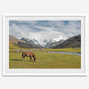This stunning piece of mountain Horse wall art was taken in Peru and showcases beautiful snow-covered mountains and grassy meadows in Peru and a charming horse grazing relaxingly in the forefront of the picture.