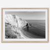 A black and white fine art ocean wall art print of a coastal cliff and beautiful beach in Chimney Rock trail, Point Reyes, California.