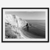 A black and white fine art ocean wall art print of a coastal cliff and beautiful beach in Chimney Rock trail, Point Reyes, California.