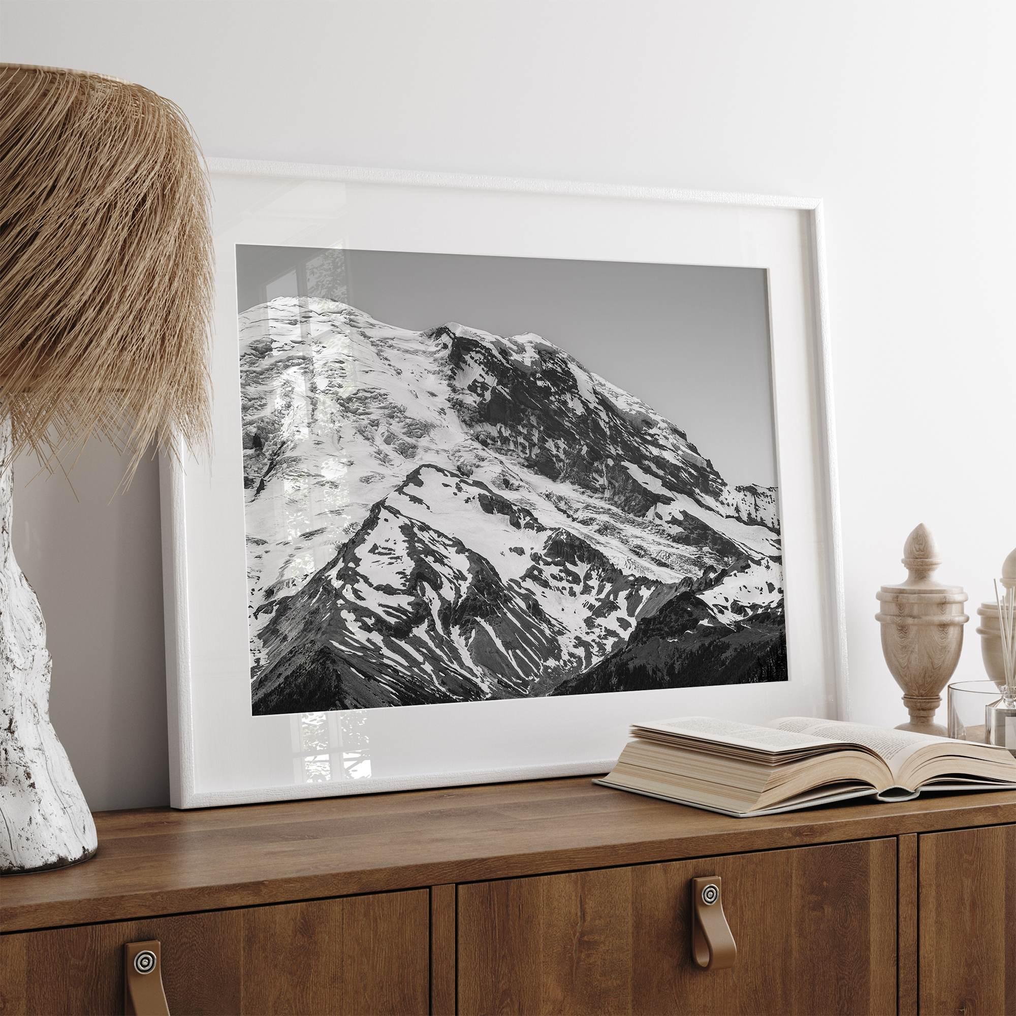 Zoom into the 14,411 ft summit of Mount Rainier with this minimalist black and white mountain photography print featuring a close-up of the snowy mountain peak in Washington State.