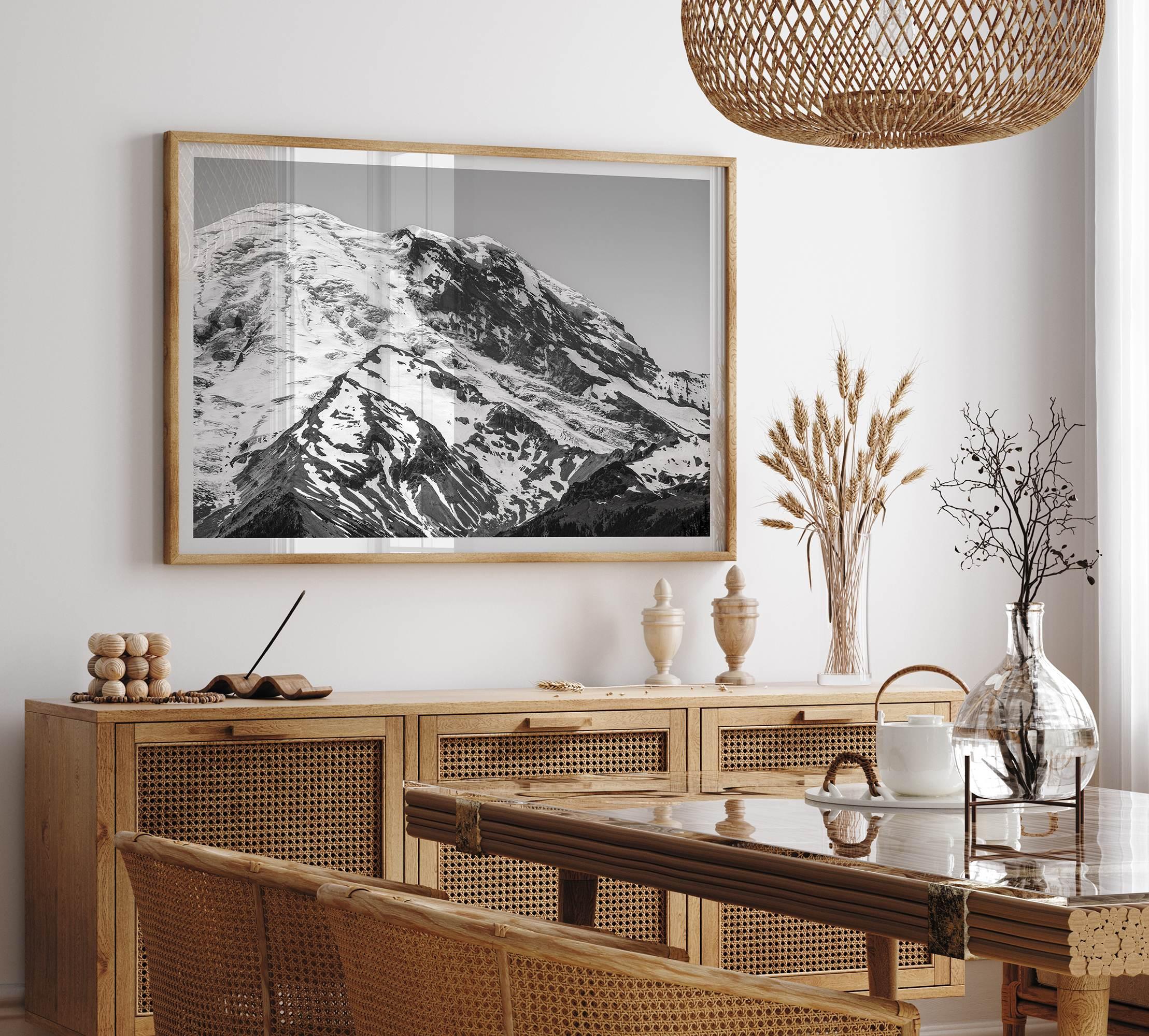 Zoom into the 14,411 ft summit of Mount Rainier with this minimalist black and white mountain photography print featuring a close-up of the snowy mountain peak in Washington State.