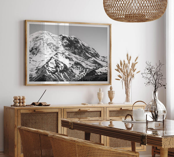 Zoom into the 14,411 ft summit of Mount Rainier with this minimalist black and white mountain photography print featuring a close-up of the snowy mountain peak in Washington State.
