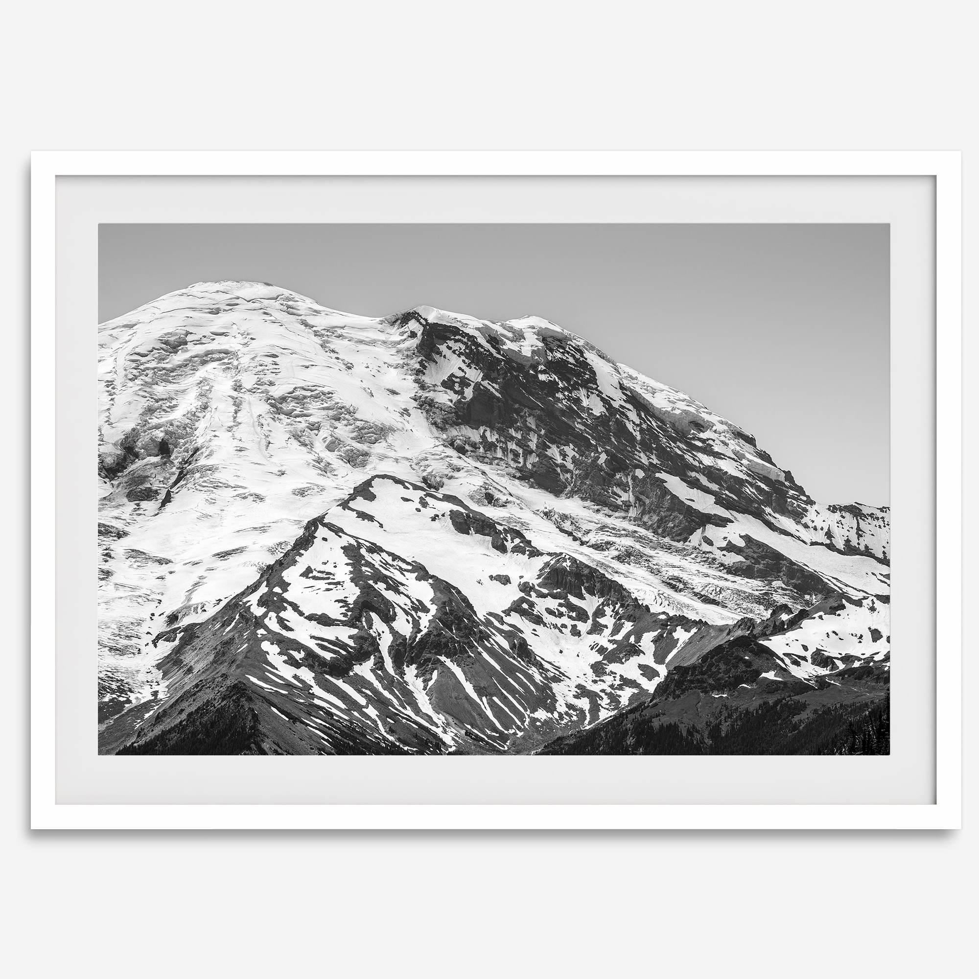Zoom into the 14,411 ft summit of Mount Rainier with this minimalist black and white mountain photography print featuring a close-up of the snowy mountain peak in Washington State.