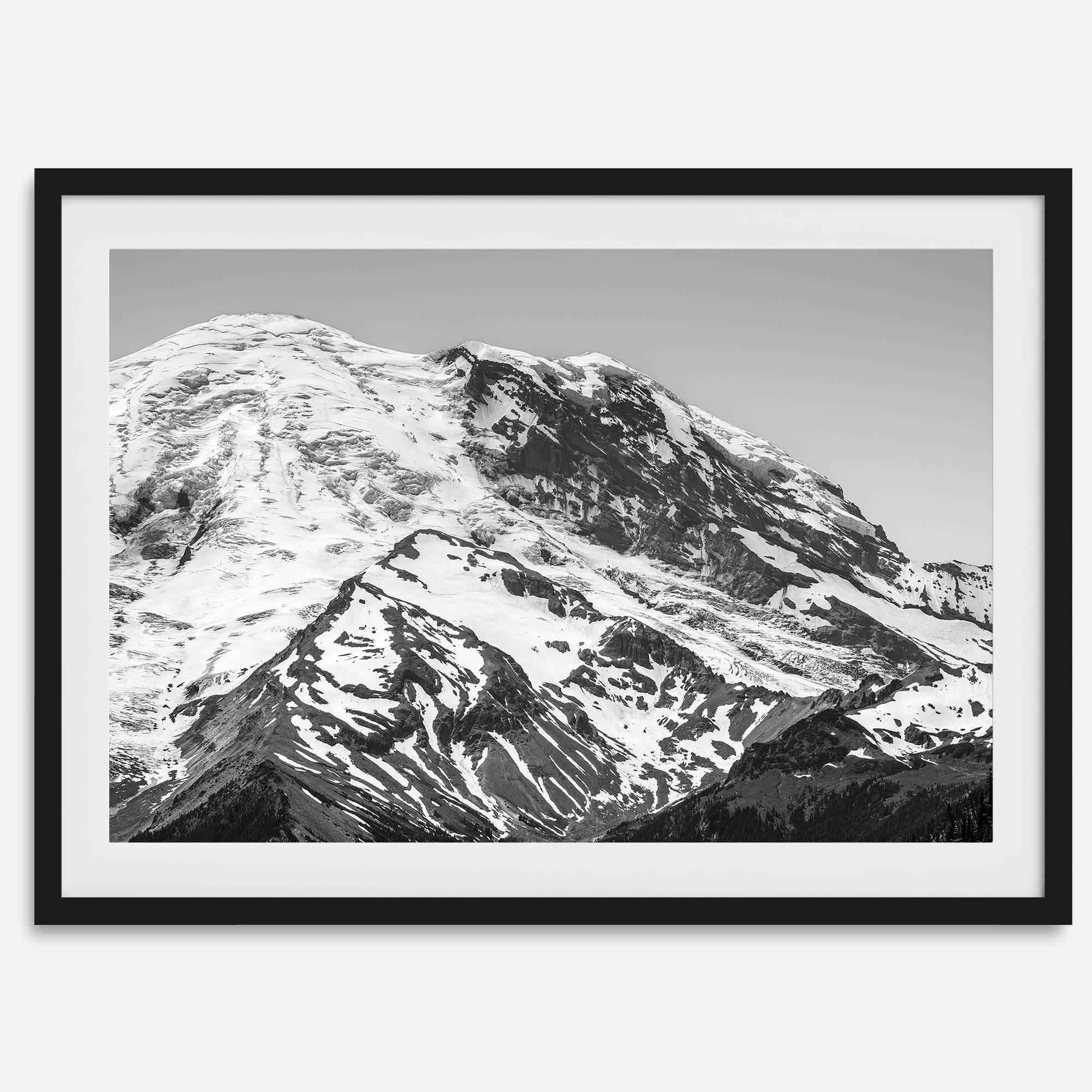 Zoom into the 14,411 ft summit of Mount Rainier with this minimalist black and white mountain photography print featuring a close-up of the snowy mountain peak in Washington State.