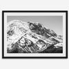 Zoom into the 14,411 ft summit of Mount Rainier with this minimalist black and white mountain photography print featuring a close-up of the snowy mountain peak in Washington State.
