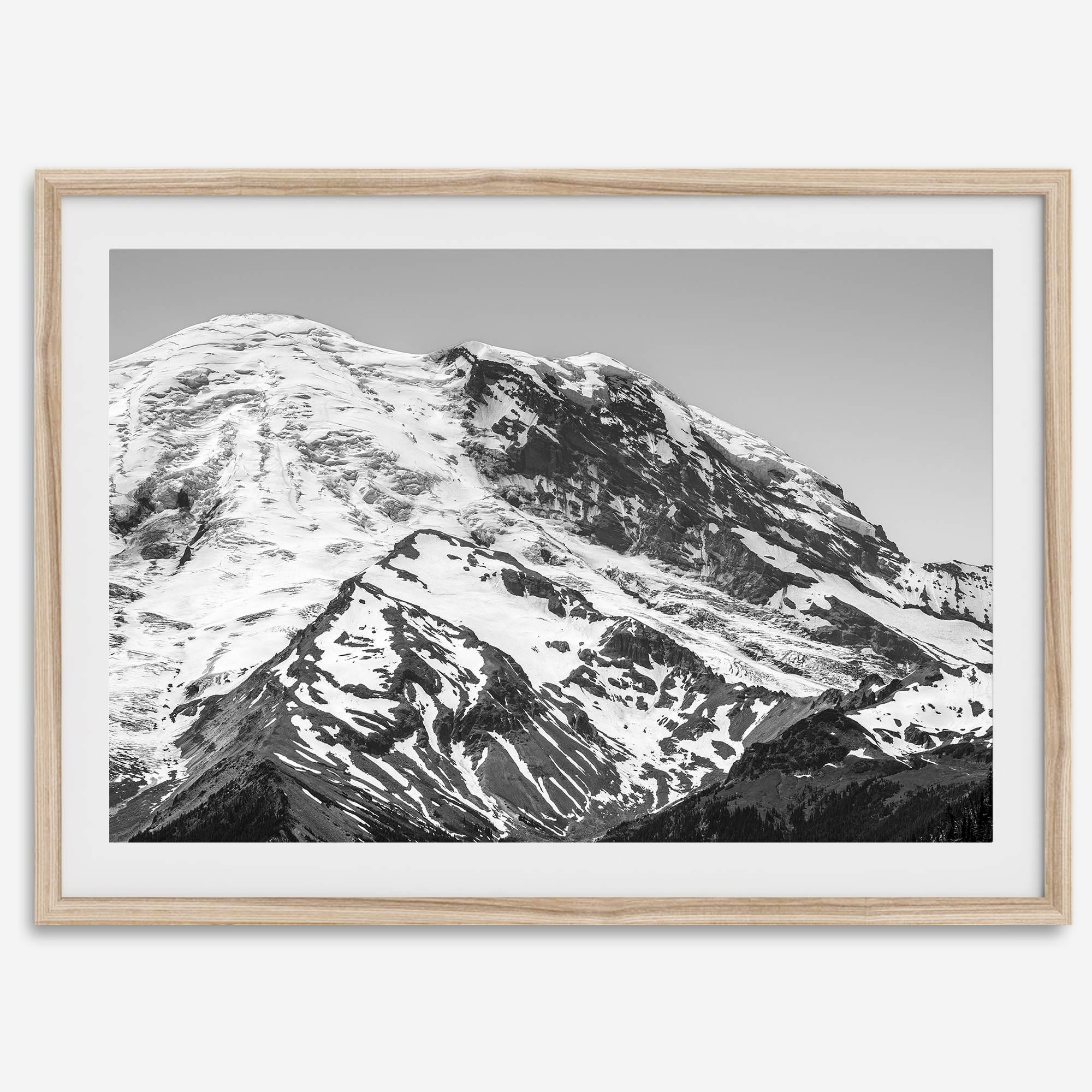 Zoom into the 14,411 ft summit of Mount Rainier with this minimalist black and white mountain photography print featuring a close-up of the snowy mountain peak in Washington State.