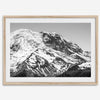 Zoom into the 14,411 ft summit of Mount Rainier with this minimalist black and white mountain photography print featuring a close-up of the snowy mountain peak in Washington State.