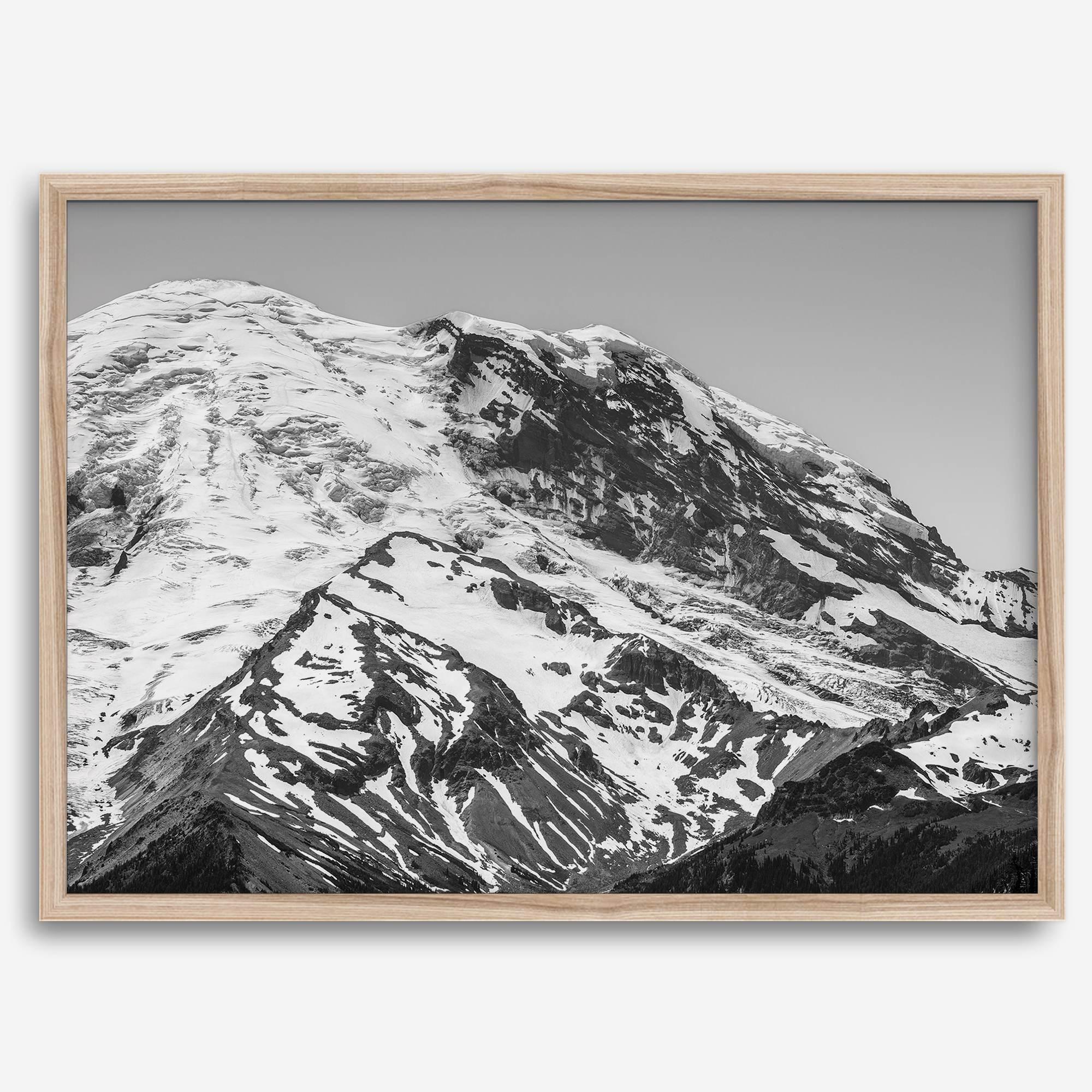 Zoom into the 14,411 ft summit of Mount Rainier with this minimalist black and white mountain photography print featuring a close-up of the snowy mountain peak in Washington State.