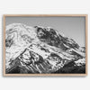 Zoom into the 14,411 ft summit of Mount Rainier with this minimalist black and white mountain photography print featuring a close-up of the snowy mountain peak in Washington State.