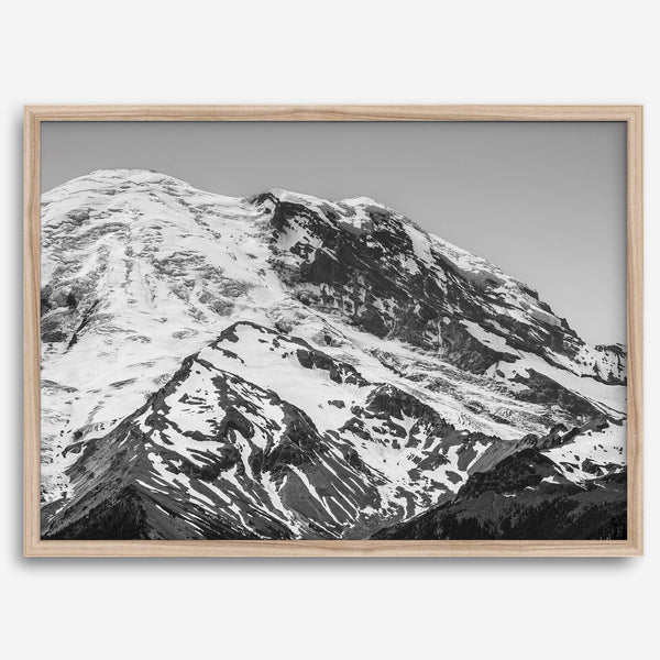 Zoom into the 14,411 ft summit of Mount Rainier with this minimalist black and white mountain photography print featuring a close-up of the snowy mountain peak in Washington State.