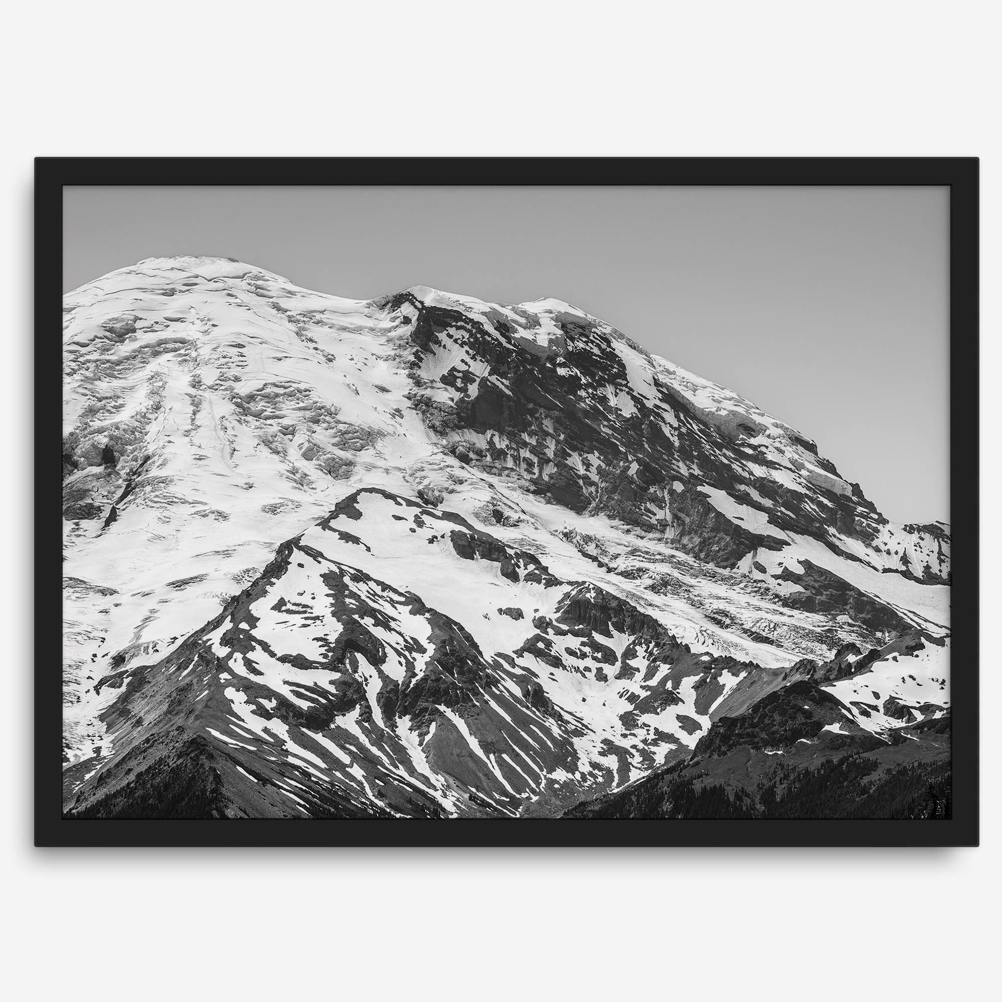 Zoom into the 14,411 ft summit of Mount Rainier with this minimalist black and white mountain photography print featuring a close-up of the snowy mountain peak in Washington State.