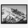 Zoom into the 14,411 ft summit of Mount Rainier with this minimalist black and white mountain photography print featuring a close-up of the snowy mountain peak in Washington State.