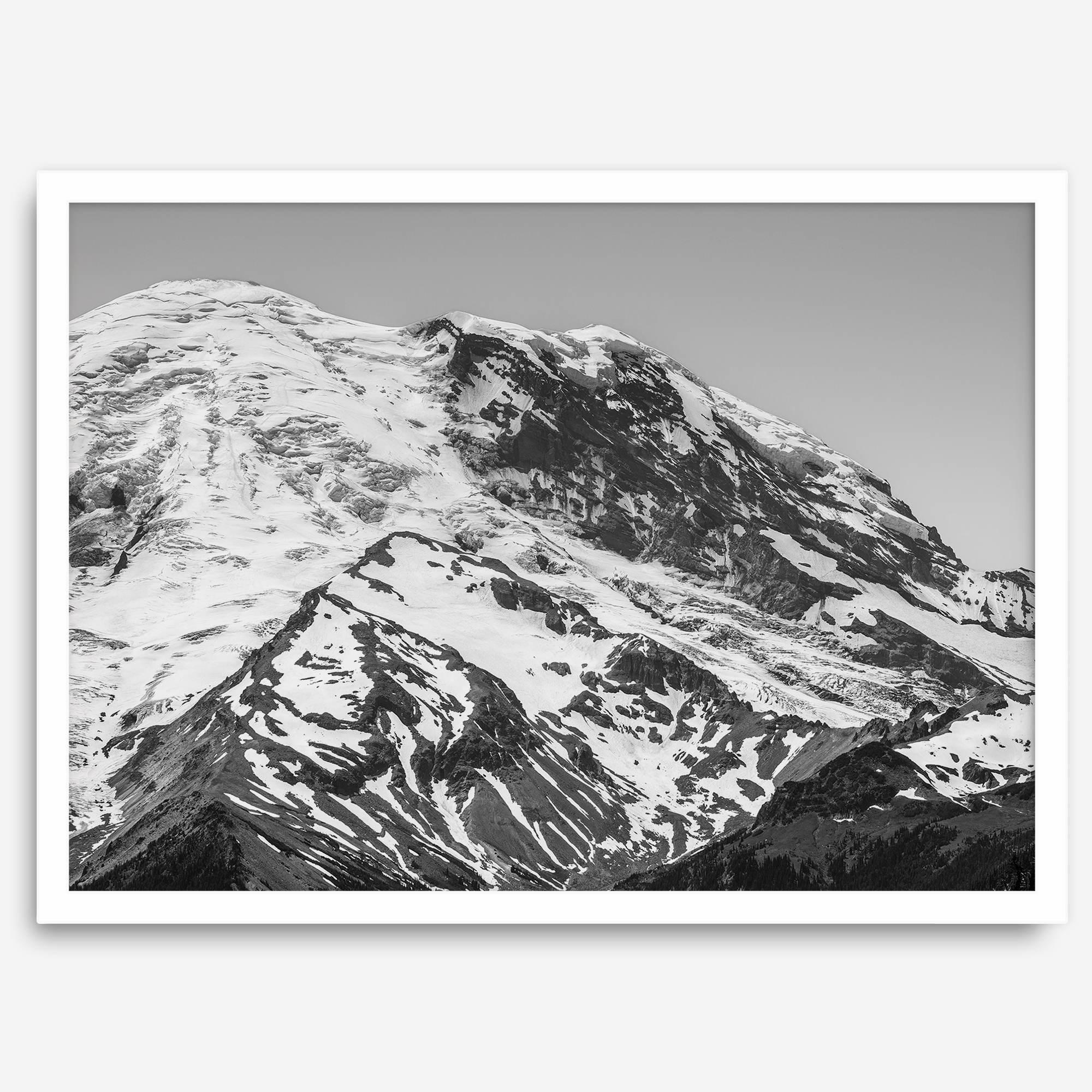 Zoom into the 14,411 ft summit of Mount Rainier with this minimalist black and white mountain photography print featuring a close-up of the snowy mountain peak in Washington State.