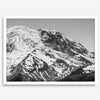 Zoom into the 14,411 ft summit of Mount Rainier with this minimalist black and white mountain photography print featuring a close-up of the snowy mountain peak in Washington State.