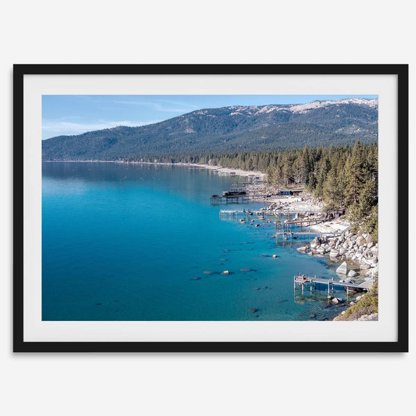 Captivating fine art print of Lake Tahoe showcasing docks, boats, beachfront, lush forest, majestic mountain, and serene waters, capturing the essence of lake life in Incline Village, Nevada.