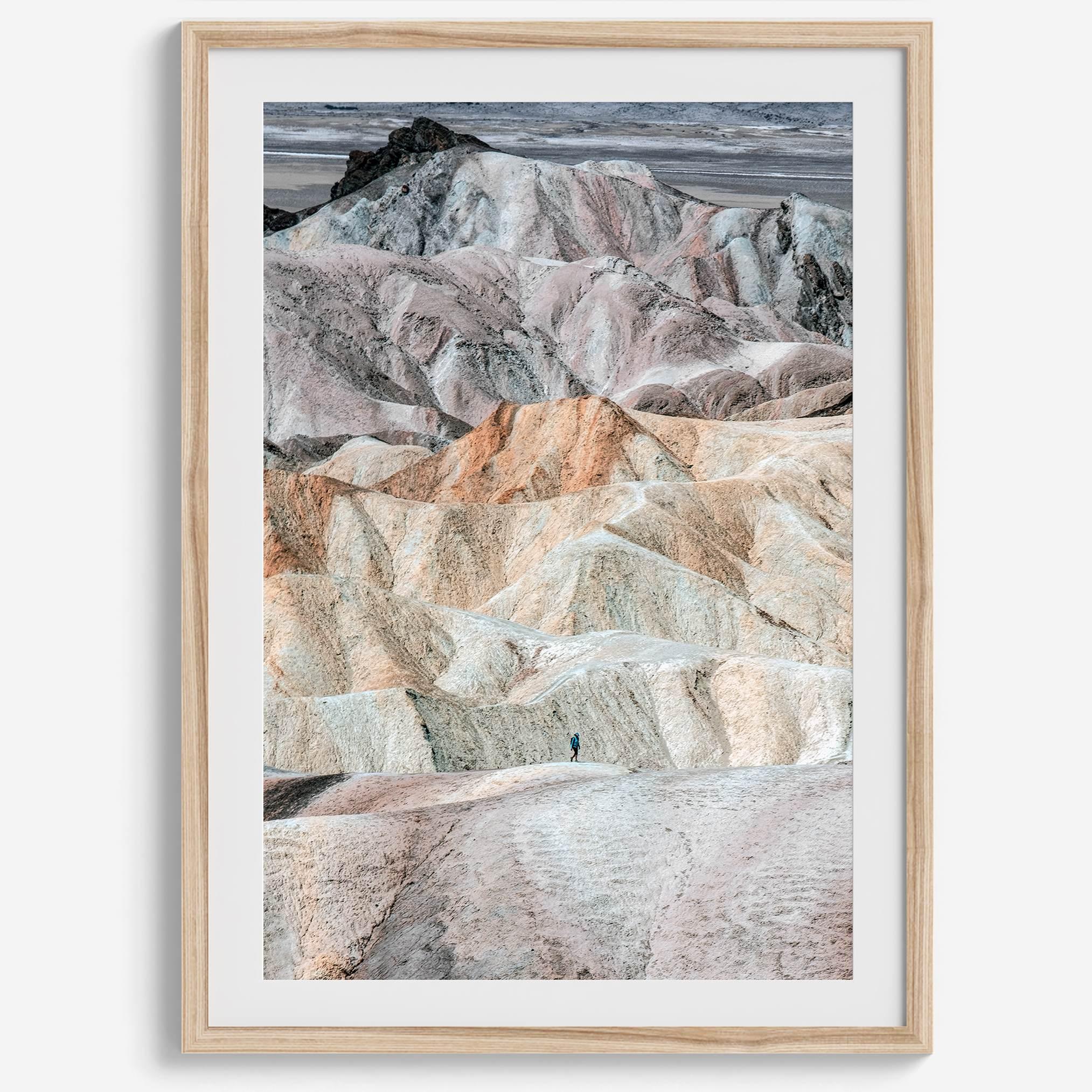 This modern, colorful desert framed or unframed print features the colorful dunes in Zabriskie Point. Our Death Valley National Park poster celebrates the stunning terrain and sunsets of the park with colors like Pink, Purple, and Yellow.