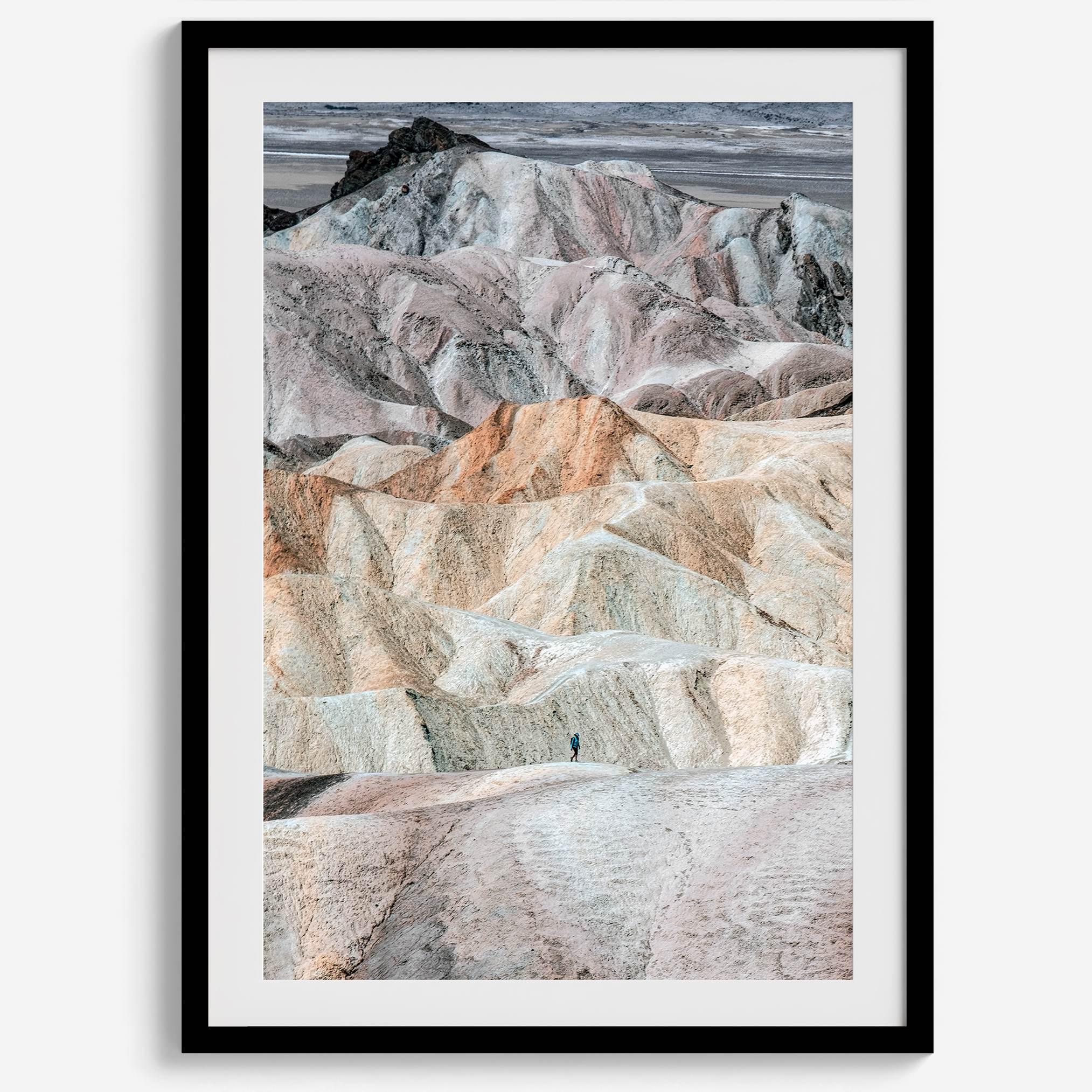This modern, colorful desert framed or unframed print features the colorful dunes in Zabriskie Point. Our Death Valley National Park poster celebrates the stunning terrain and sunsets of the park with colors like Pink, Purple, and Yellow.