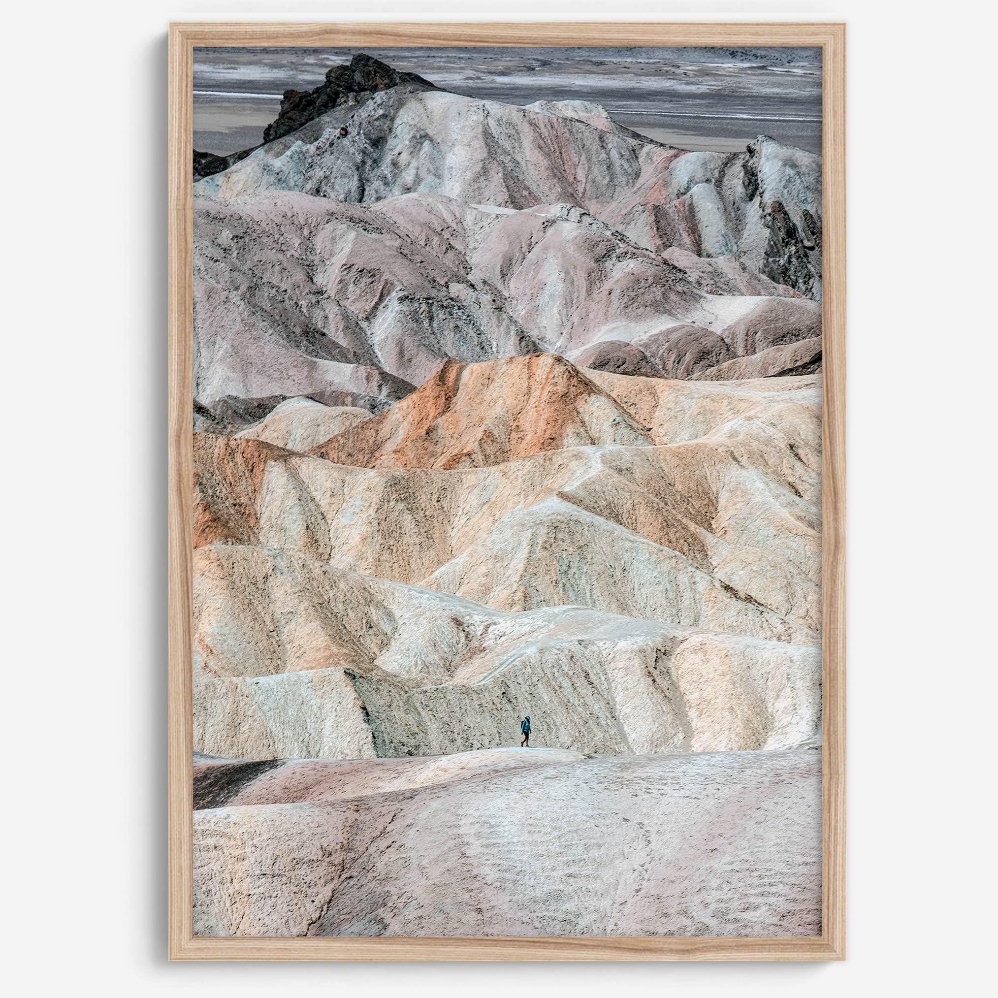This modern, colorful desert framed or unframed print features the colorful dunes in Zabriskie Point. Our Death Valley National Park poster celebrates the stunning terrain and sunsets of the park with colors like Pink, Purple, and Yellow.