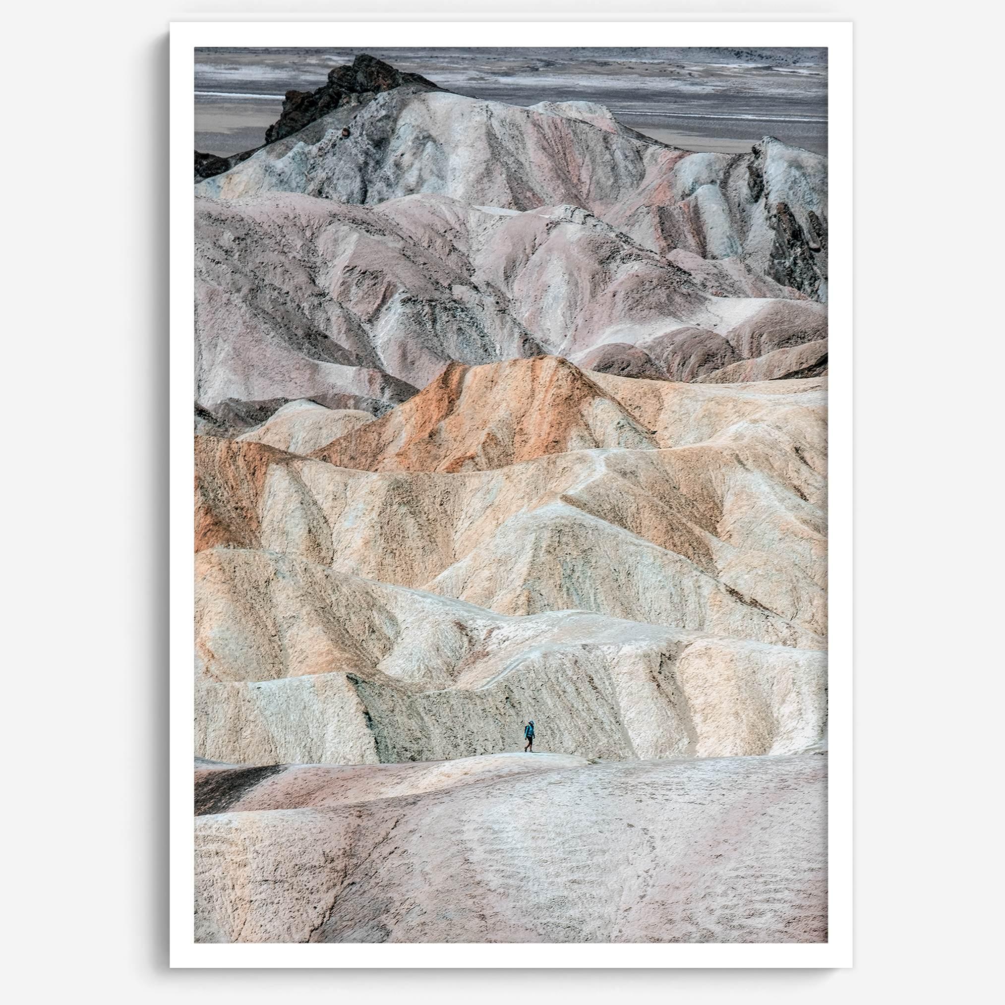 This modern, colorful desert framed or unframed print features the colorful dunes in Zabriskie Point. Our Death Valley National Park poster celebrates the stunning terrain and sunsets of the park with colors like Pink, Purple, and Yellow.