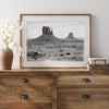Black and white fine art desert print with wild horses and mesas
