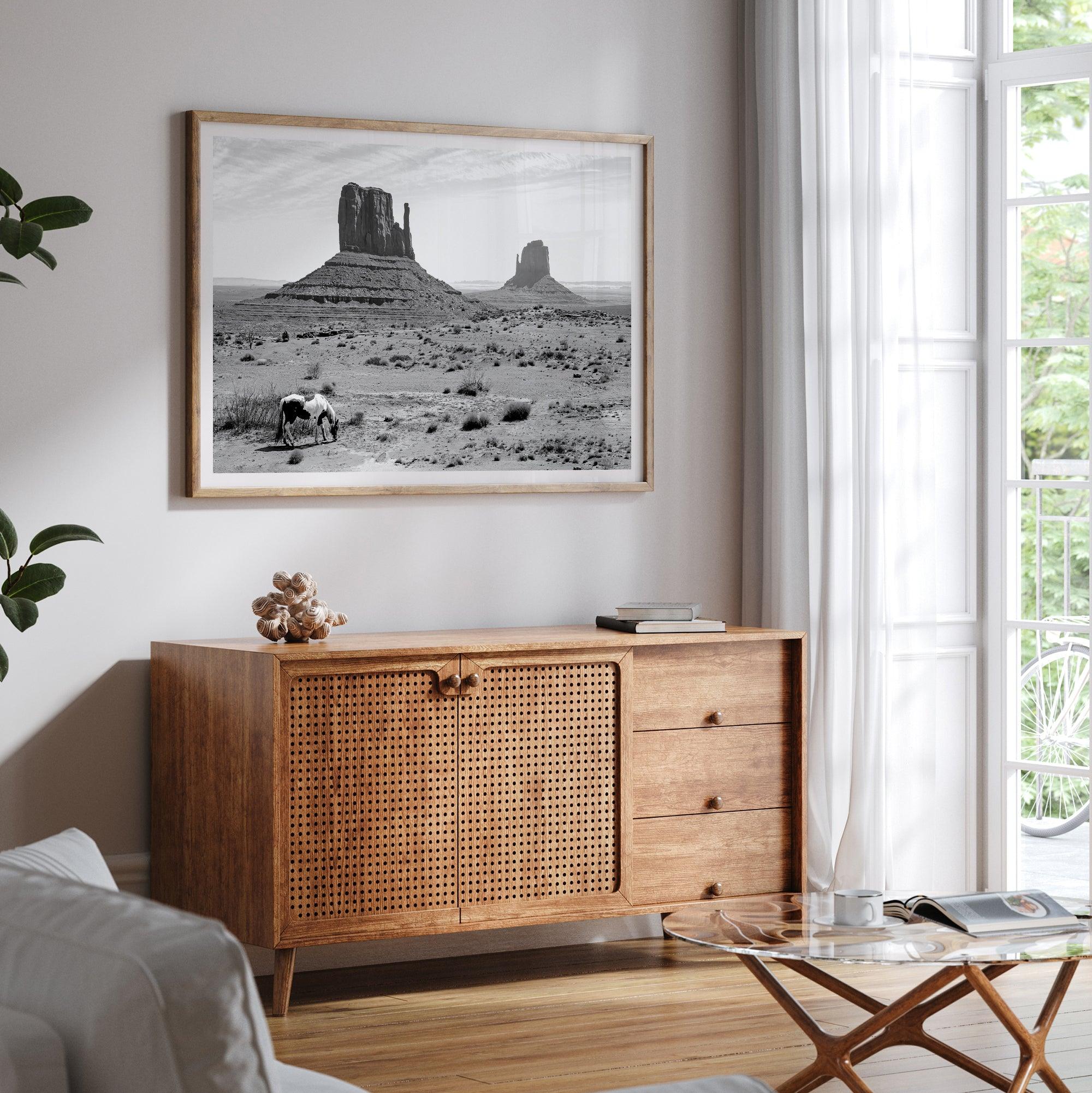 Black and white fine art desert print with wild horses and mesas