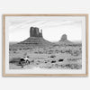 Black and white fine art desert print with wild horses and mesas