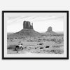 Black and white fine art desert print with wild horses and mesas