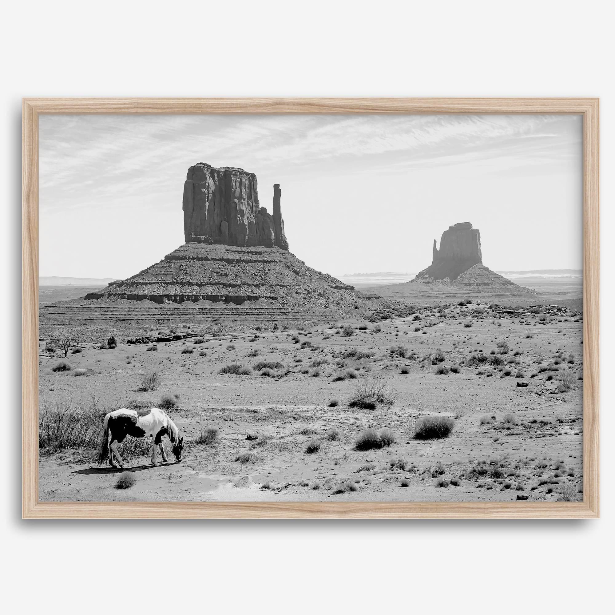 Black and white fine art desert print with wild horses and mesas