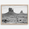 Black and white fine art desert print with wild horses and mesas