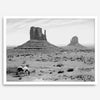 Black and white fine art desert print with wild horses and mesas