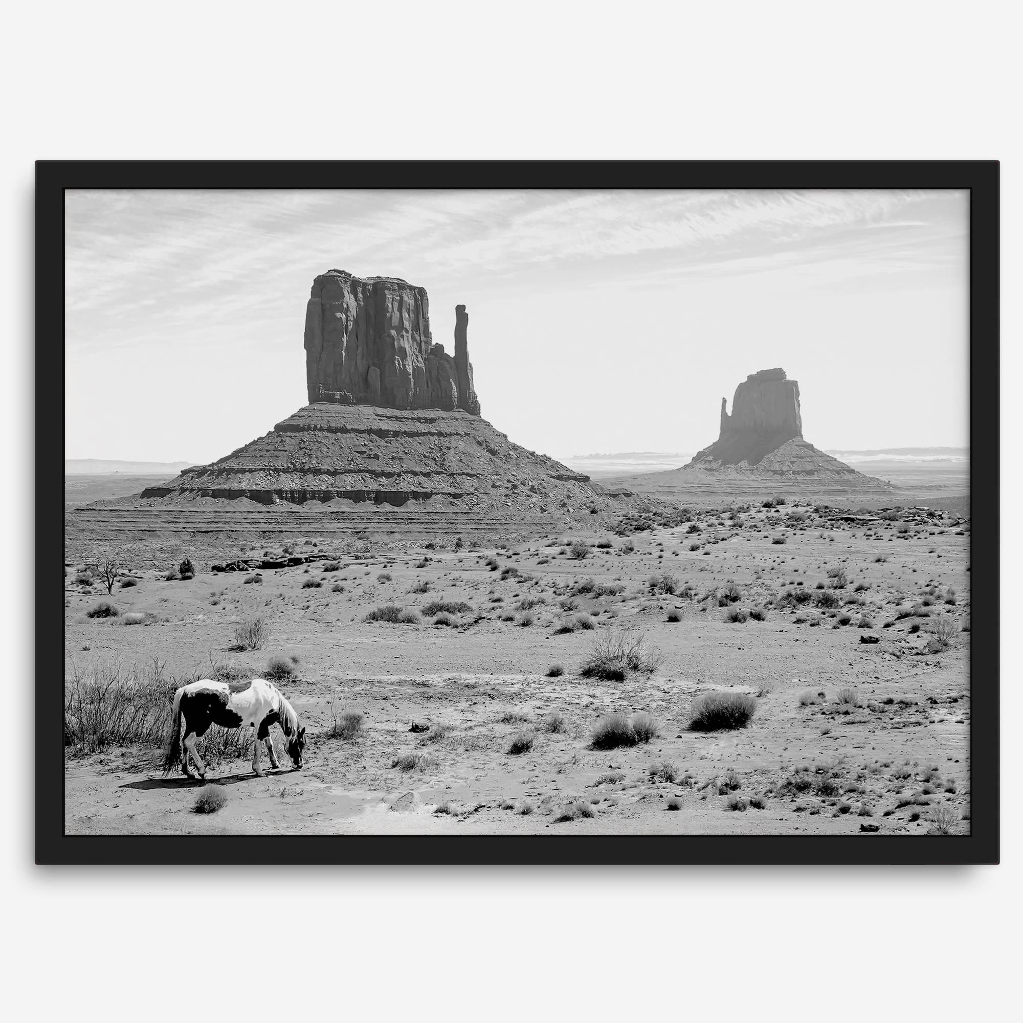 Black and white fine art desert print with wild horses and mesas