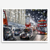 Fine art photography print of a bustling London street during Christmas, featuring double-decker buses, black taxis, and festive holiday lights.