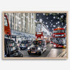 Fine art photography print of a bustling London street during Christmas, featuring double-decker buses, black taxis, and festive holiday lights.